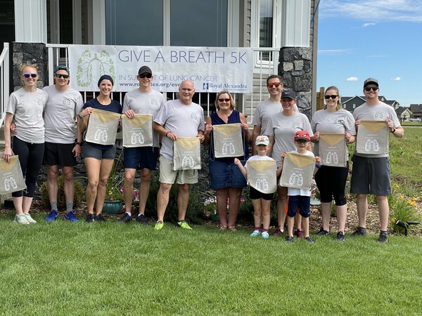 Tim Monds surrounded by family and friends as they kicked off their Give a Breath walk in support of lung cancer research.